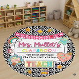 Cow print classroom decor area rug featuring a circular lined notebook center and colorful school illustrations.
