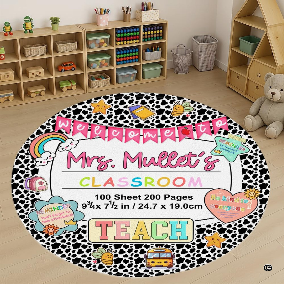 Cow print classroom decor area rug featuring a circular lined notebook center and colorful school illustrations. - image 1 of 7