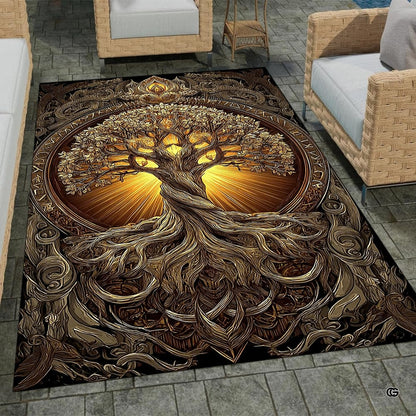 Patio stone lounge with wicker seating displaying the bronze Norse Yggdrasil area rug - thumbnail image 1 of 8