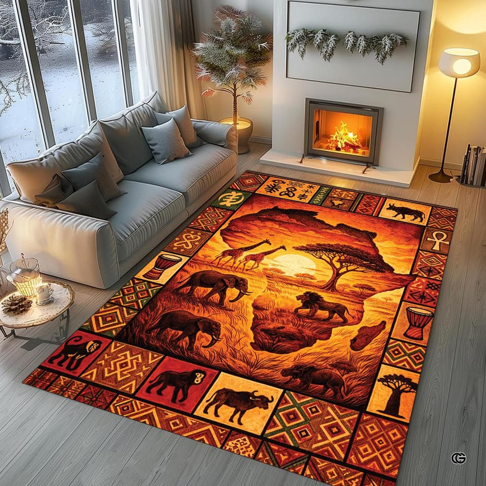 African continent safari sunset wildlife tribal area rug in primary perspective
