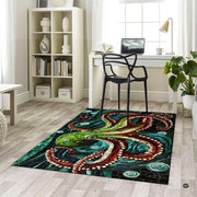 Close view of mosaic stone tile details and aquatic bubbles on stained glass marine octopus rug artwork. - thumbnail image 5 of 7