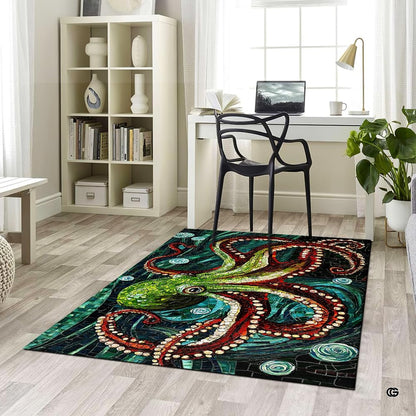 Close view of mosaic stone tile details and aquatic bubbles on stained glass marine octopus rug artwork. - thumbnail image 5 of 7