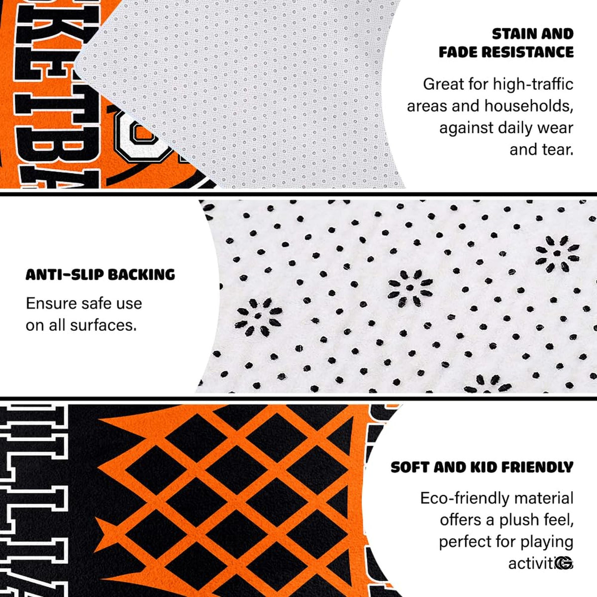 Graphic sports illustration area rug centered before a contemporary entertainment console.