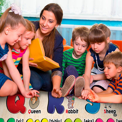 Top-down view of complete alphabet grid artwork with playful cartoon icons on an educational learning rug. - thumbnail image 5 of 8