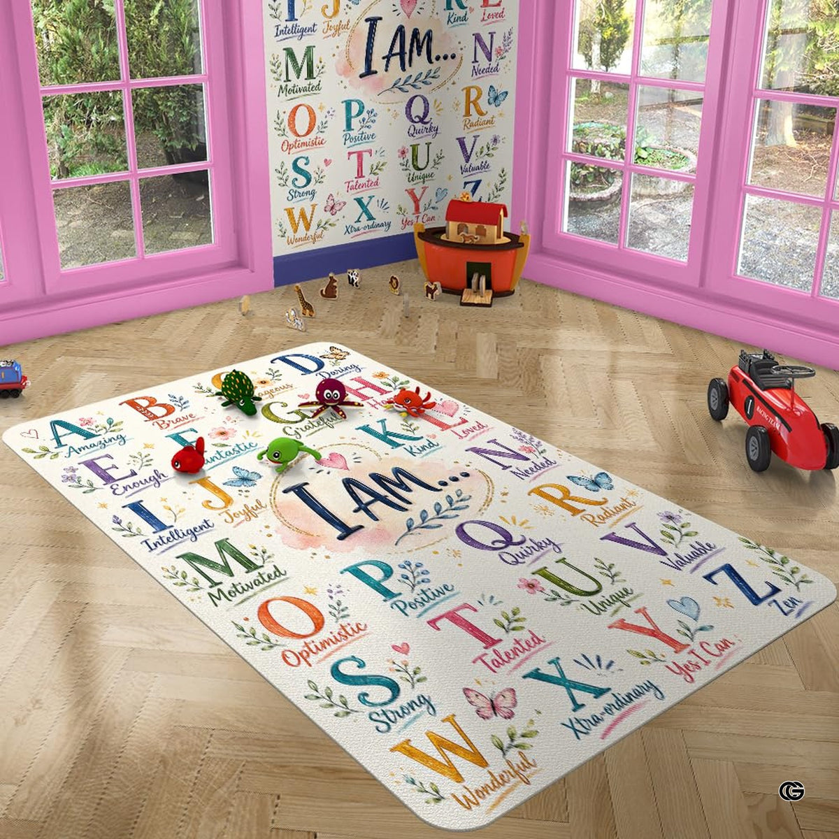 Anti-slip dot backing and clean hemmed edge stitching on alphabet affirmation rug