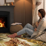Fireside relaxation nook with person lounging on the giraffe pair rug - thumbnail image 5 of 7