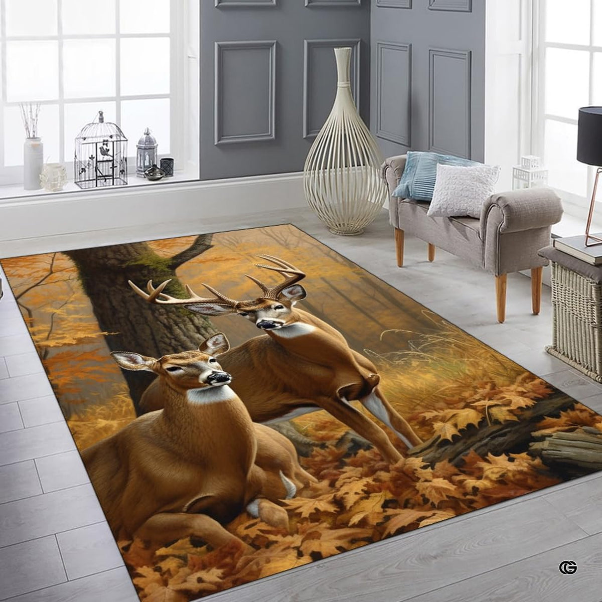 Rustic deer hunting floor rug displayed in comfortable cabin living room