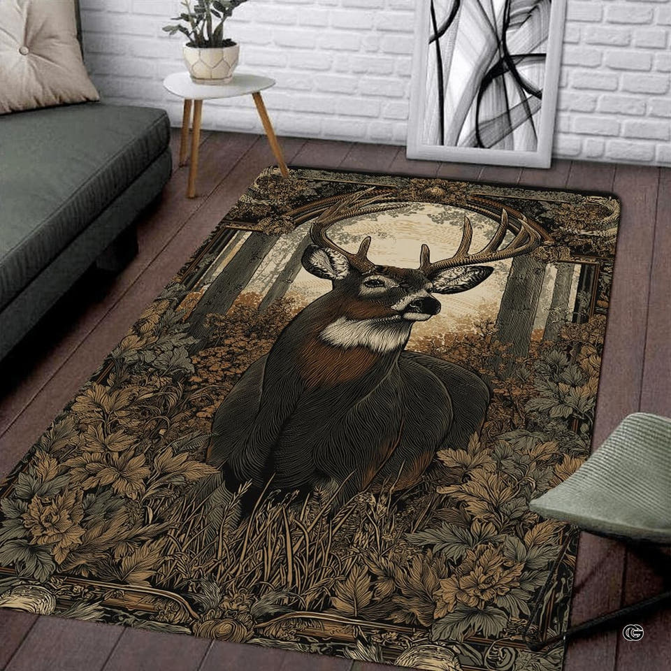 Misty autumn stag area rug displaying an antlered deer buck in a golden forest placed in a living room.