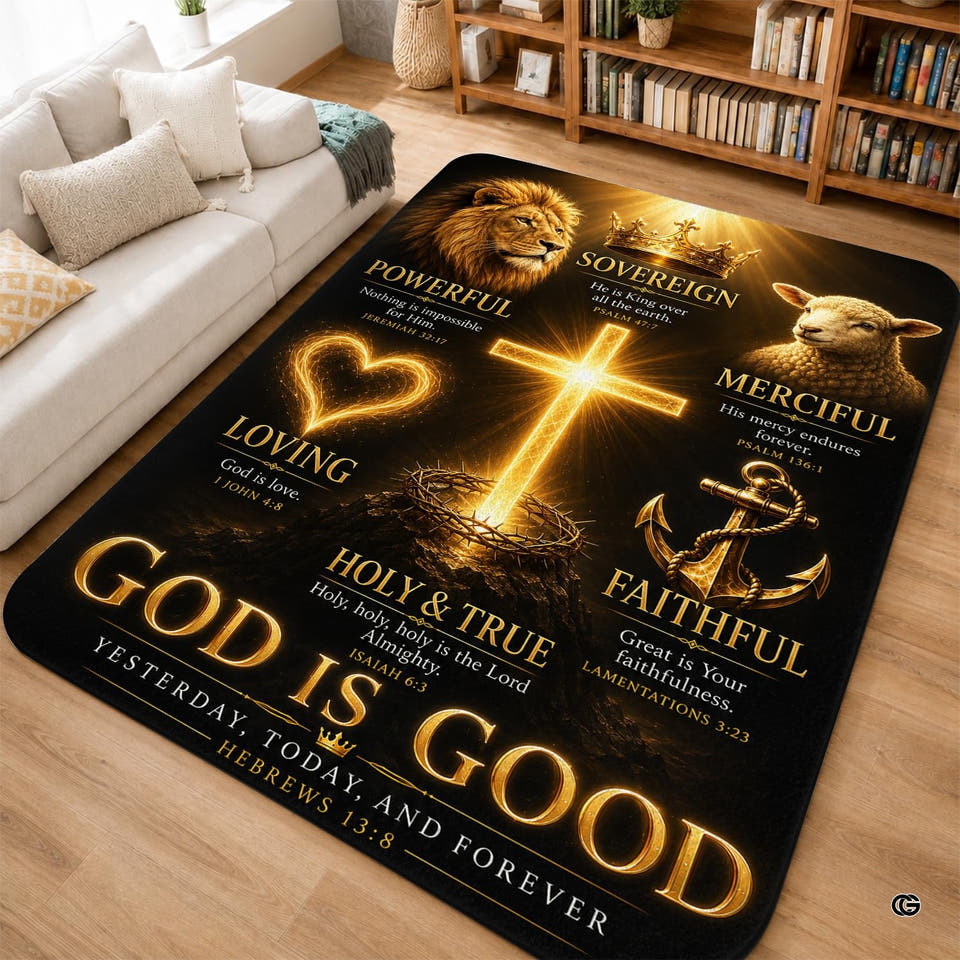 Golden cross, lion, lamb, and anchor Christian scripture area rugs centerpiece on black.