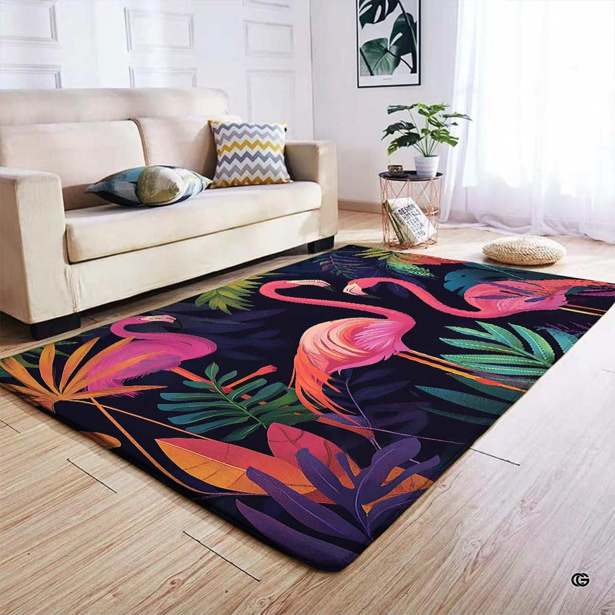 Tropical flamingo area rug displayed beside living room couch and side table. - image 7 of 7