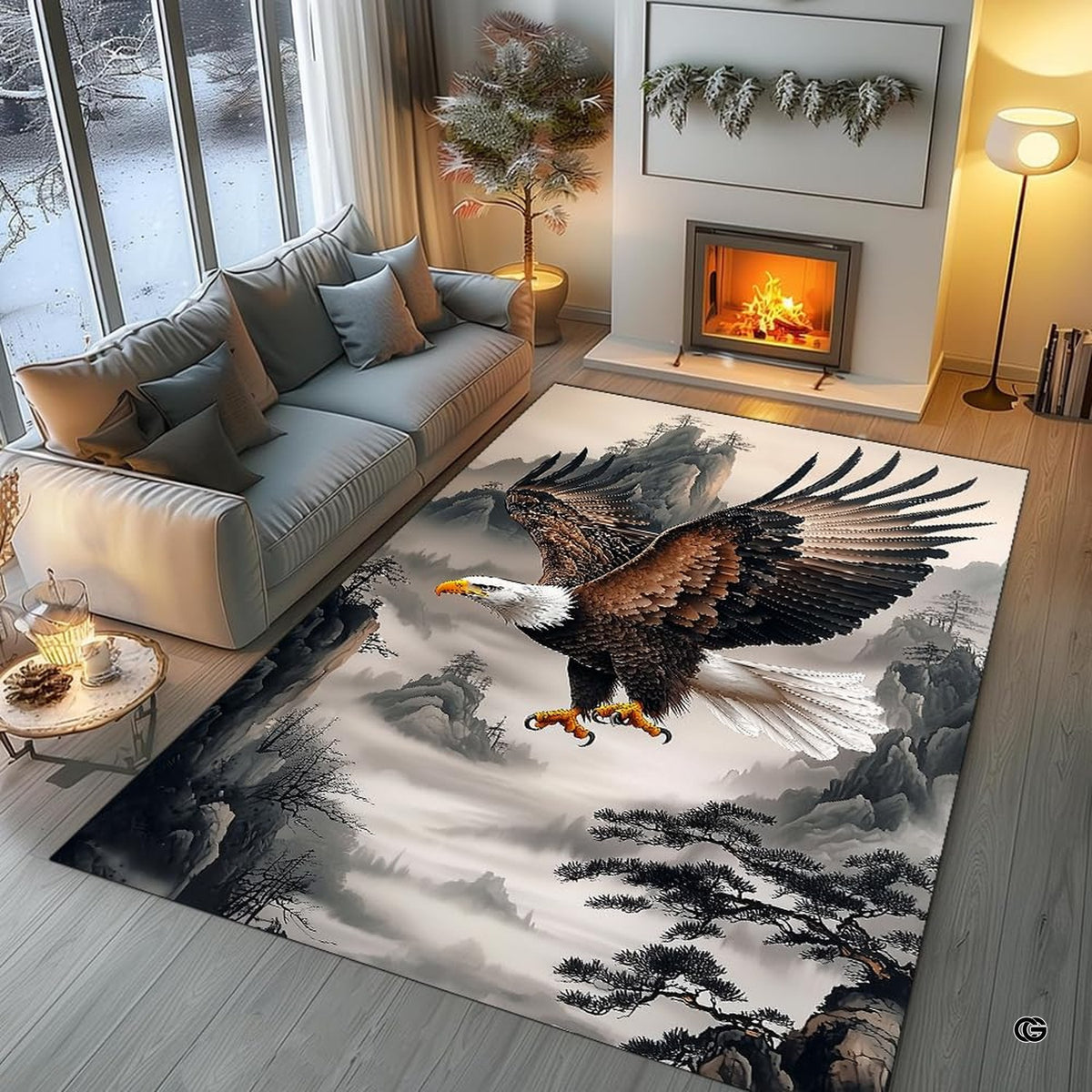 Lifestyle living room scene featuring family lounging on bald eagle area rug. - image 5 of 7
