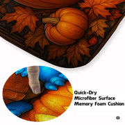 Cute blue baby dragon reading a book seated atop a glowing Halloween pumpkin surrounded by autumn leaves area rug. - thumbnail image 3 of 8