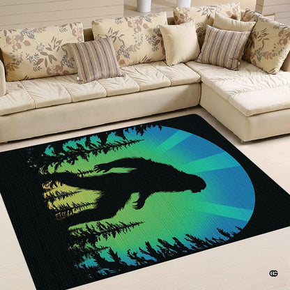 Retro Bigfoot silhouette home area rug styled beneath a modern living room coffee table setup. - thumbnail image 4 of 5