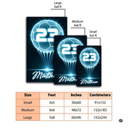 Bedroom floor mockup highlighting the futuristic cyan glowing soccer ball print area rug - thumbnail image 2 of 7