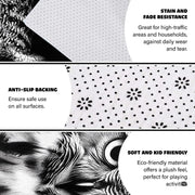 Anti-slip dot backing and hemmed edge stitching on monochrome owl rug - thumbnail image 4 of 8