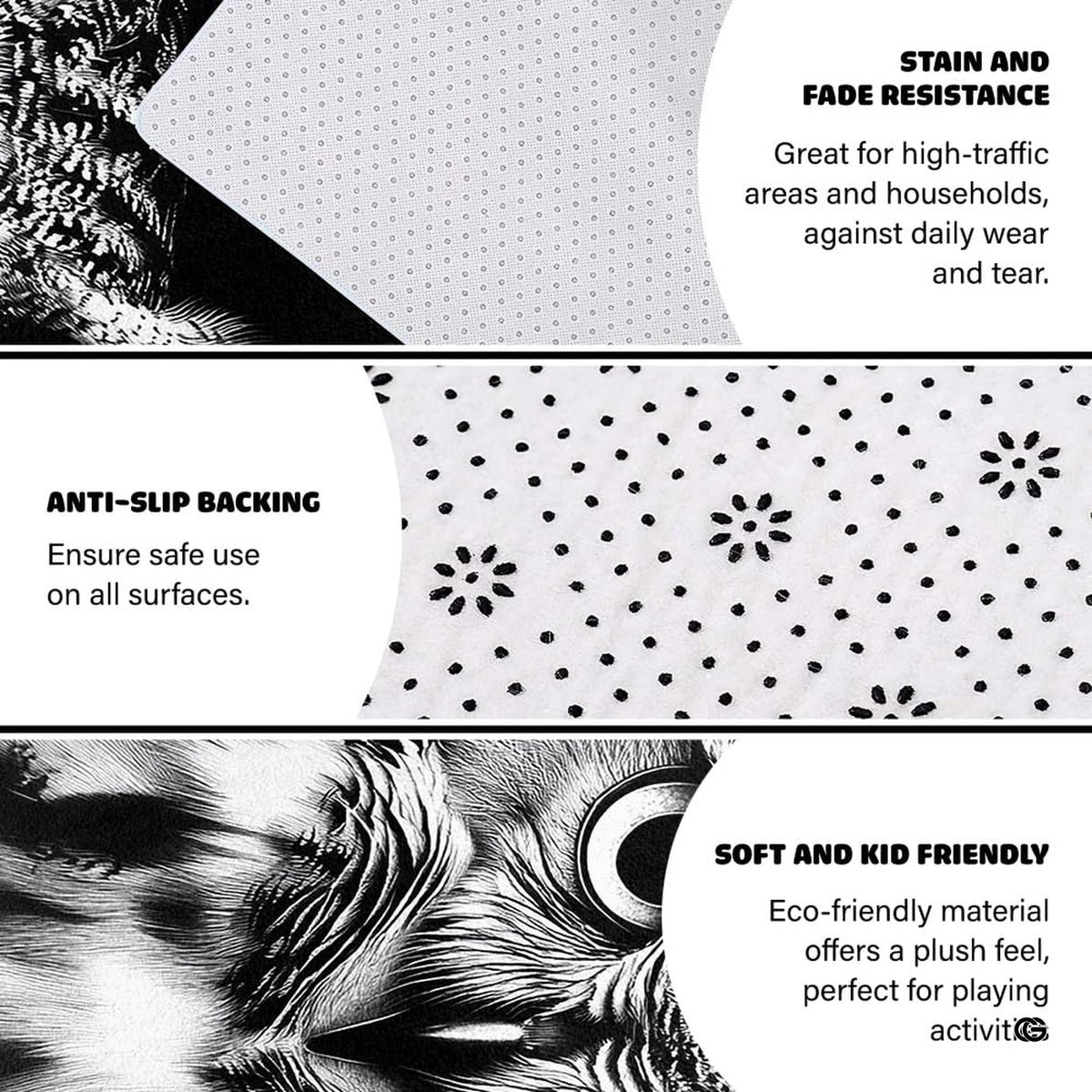 Anti-slip dot backing and hemmed edge stitching on monochrome owl rug - image 4 of 8