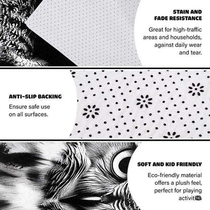 Anti-slip dot backing and hemmed edge stitching on monochrome owl rug - thumbnail image 4 of 8