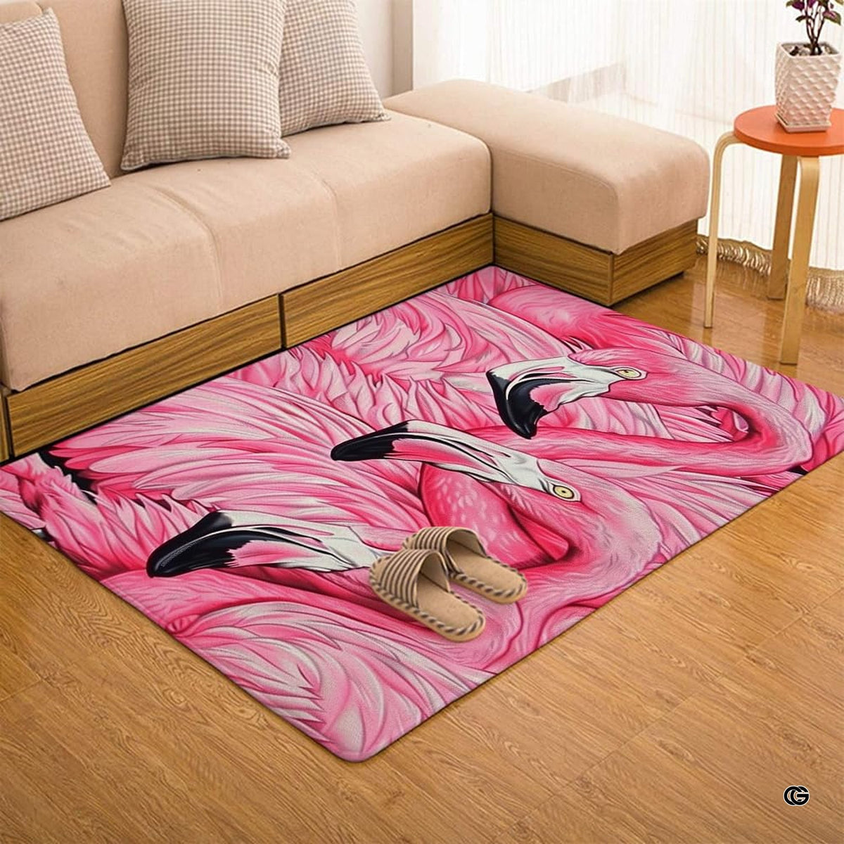 Home lounge arrangement displaying the close-up pink flamingo trio accent rug - image 7 of 7