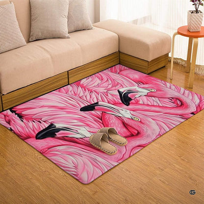Home lounge arrangement displaying the close-up pink flamingo trio accent rug - thumbnail image 7 of 7