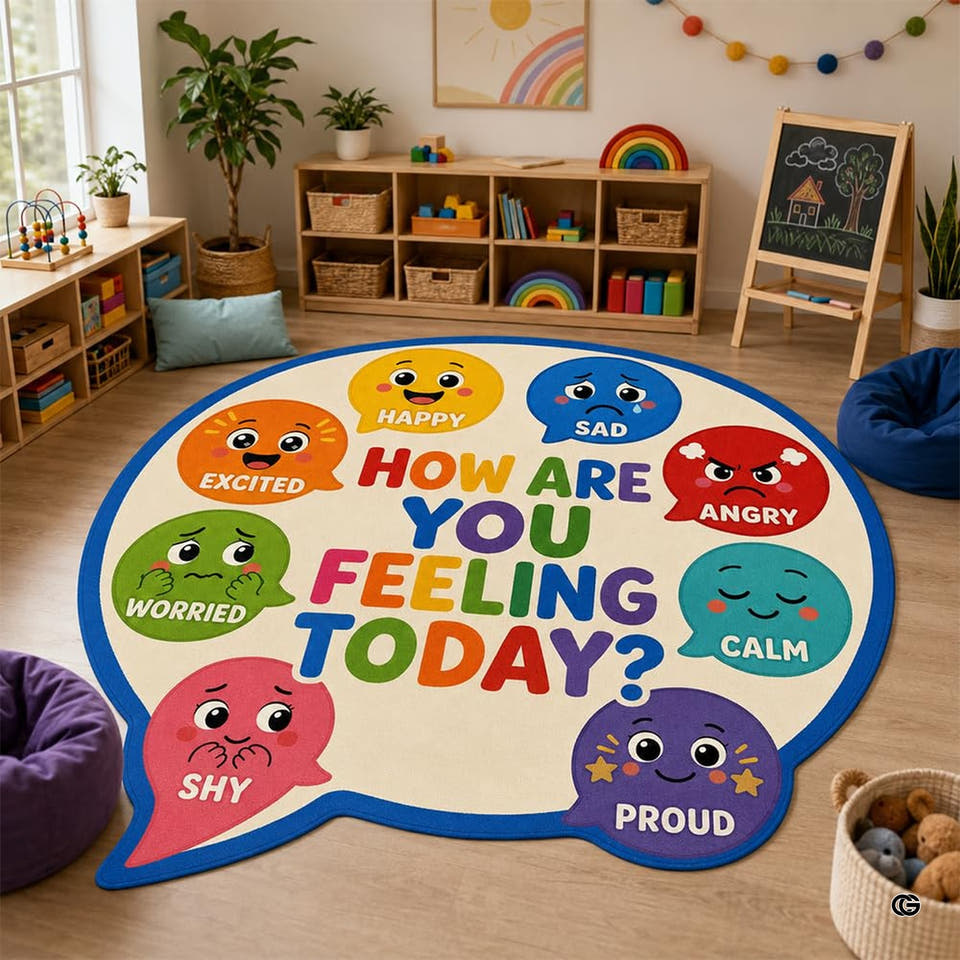 Classroom area rug with speech bubble shape and rainbow text on preschool circle mats layout.