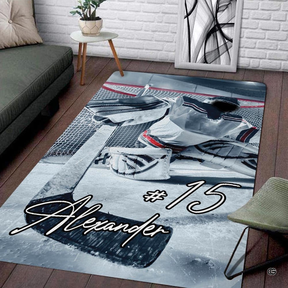 Custom ice hockey goalie net save living room area rug with netminder blocking goal frame