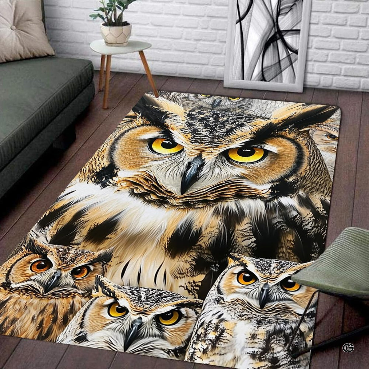 Top-down layout of a bold graphic area rug highlighting the intricate feather patterns of realistic owls. - image 7 of 8