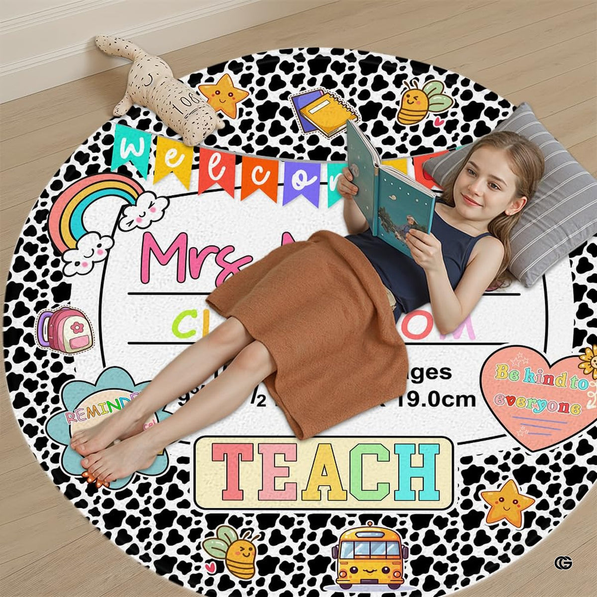 Circular area rug artwork showing colorful bunting flags and motivational sticky note illustrations on notebook paper. - image 5 of 7