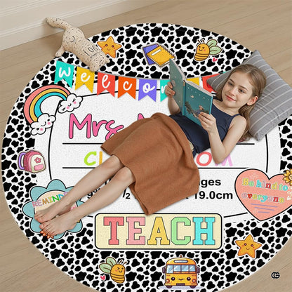 Circular area rug artwork showing colorful bunting flags and motivational sticky note illustrations on notebook paper. - thumbnail image 5 of 7