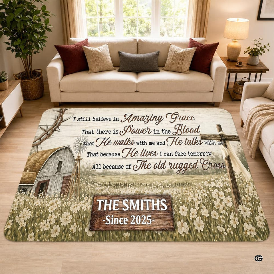 Rustic area rugs for living room featuring wood plank texture, faith hymn typography, barn, and windmill art.