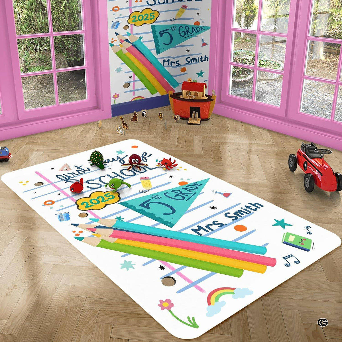 Elementary classroom entry mockup featuring the colored pencils school rug