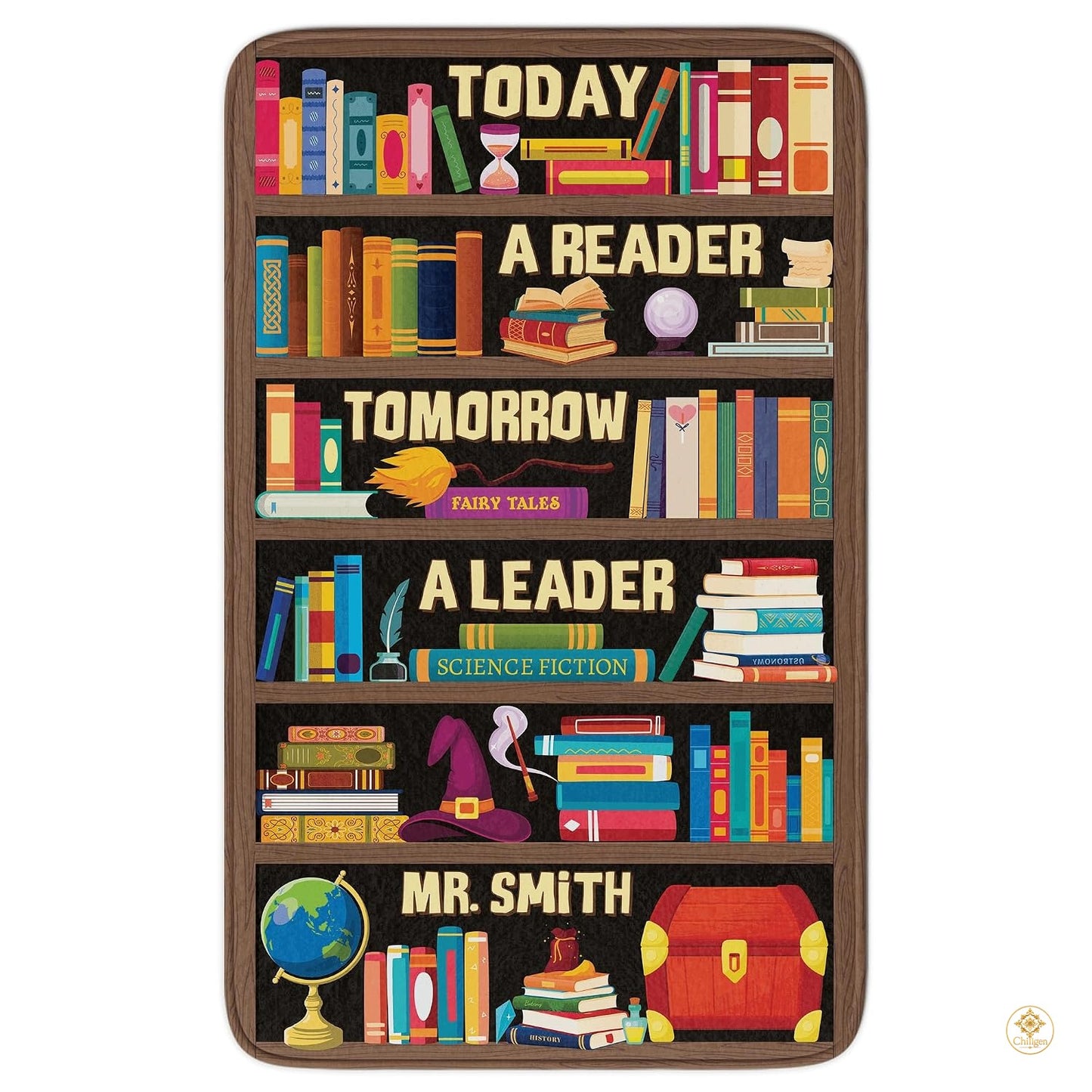 Custom Classroom Welcome Mat with Library and Bookshelf Detail