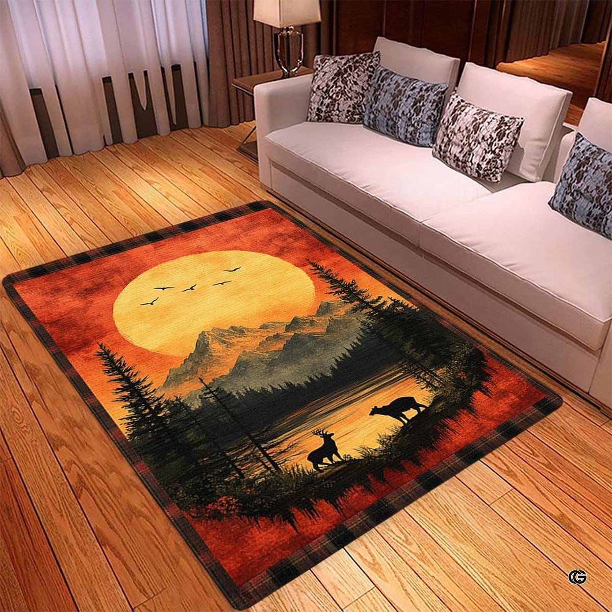 Overhead view of scenic cabin area rug showing woodland deer, bear silhouettes, and evergreen pines.