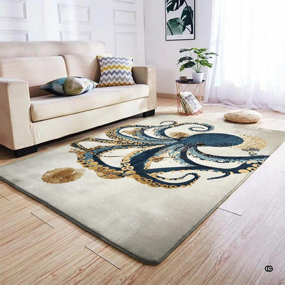 Detailed view of teal octopus tentacles adorned with golden-yellow suction spots on an off-white rug. - thumbnail image 2 of 7