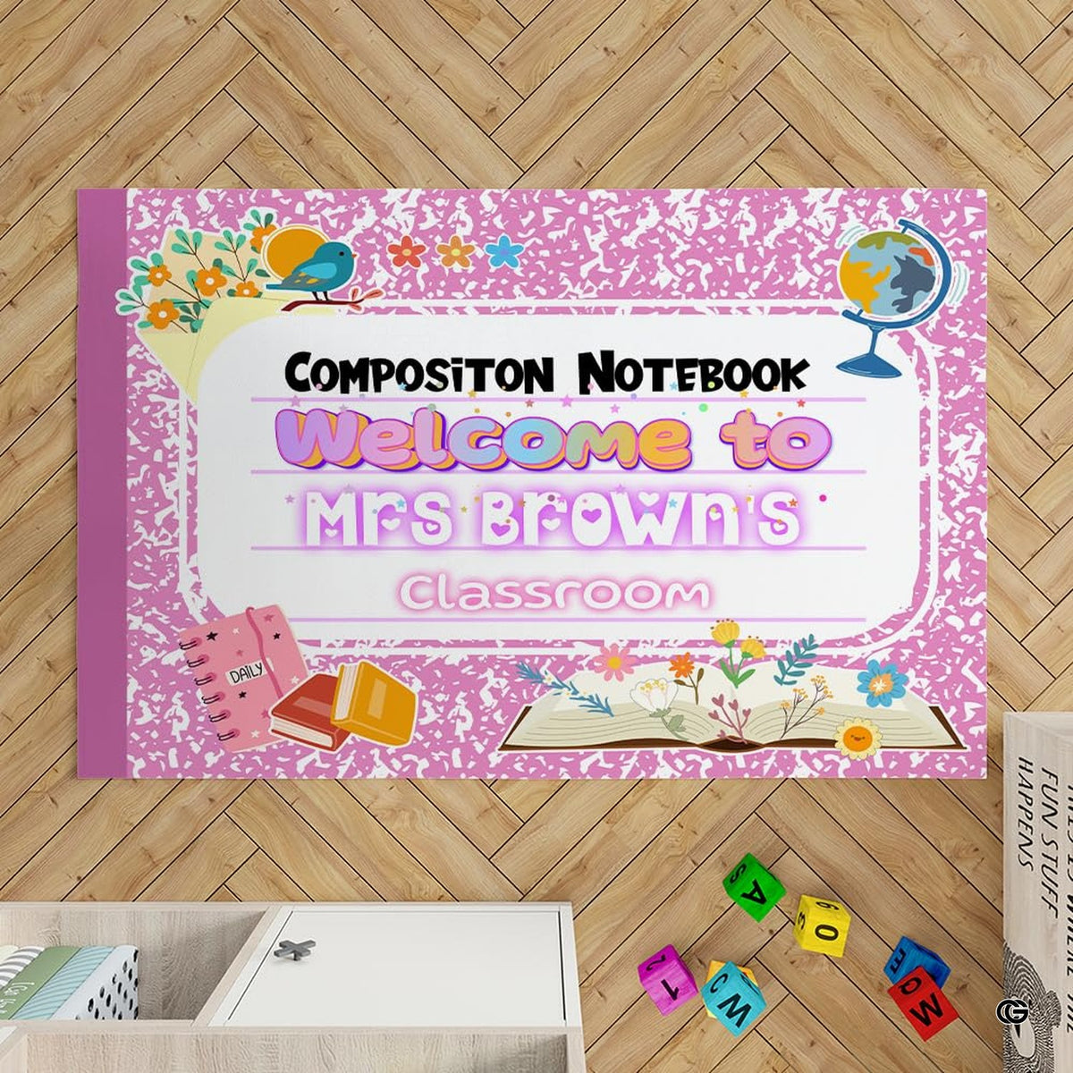 Classroom reading corner mockup featuring the bright pink composition notebook rug