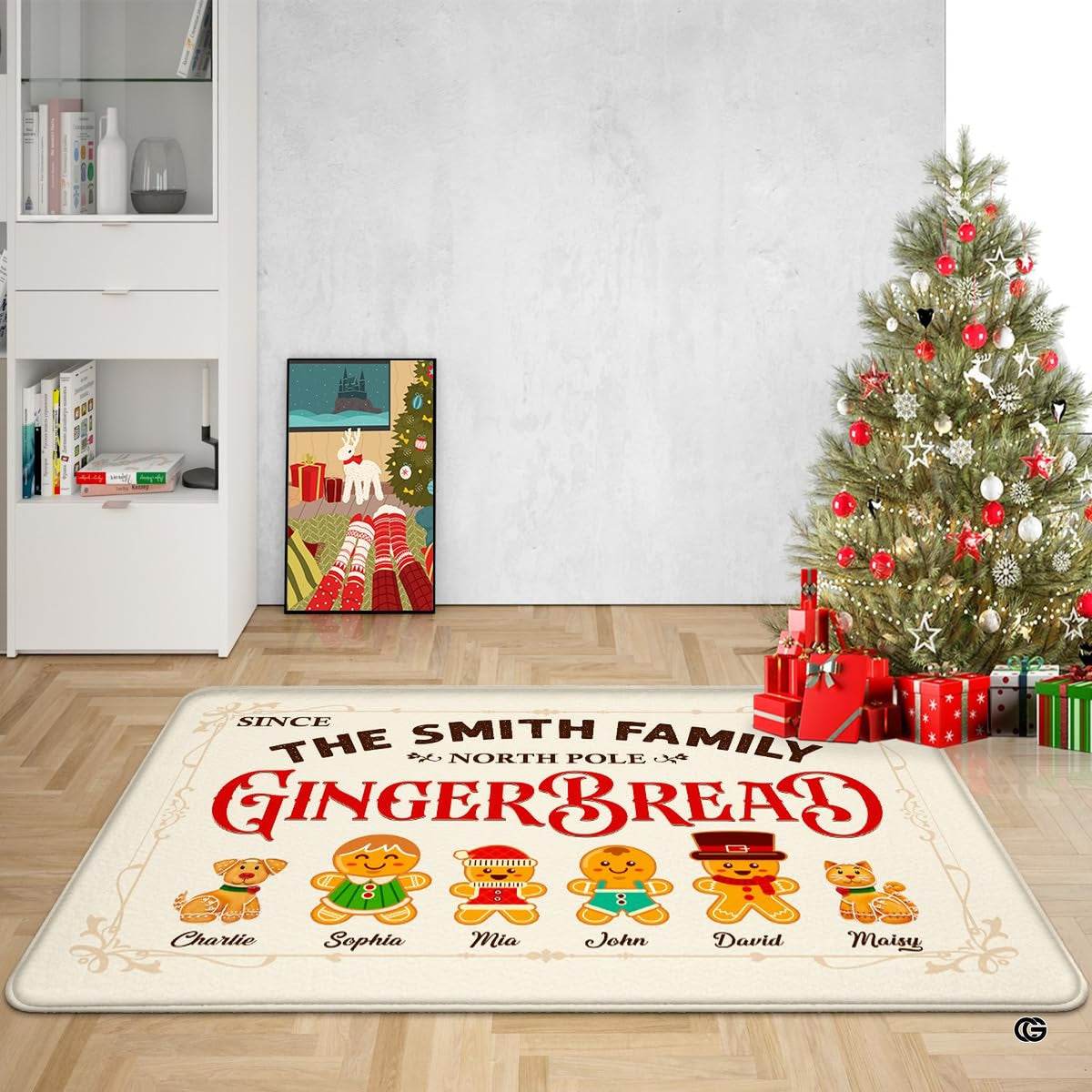 Holiday decor vignette with gingerbread motif floor accent laid beneath a classic wooden table.