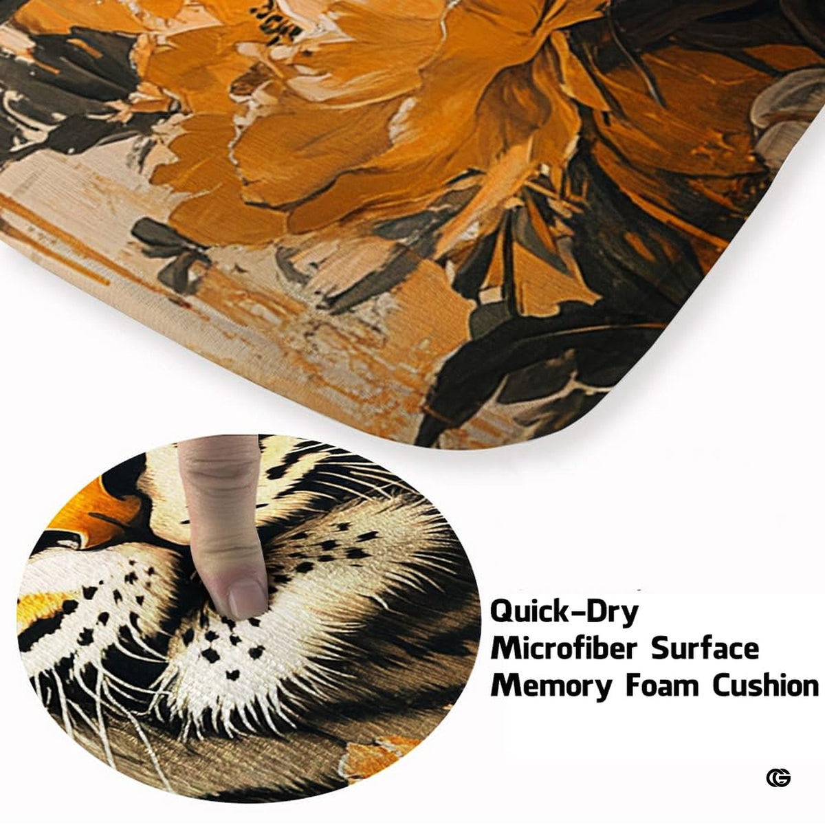 Soft low-pile microfiber fabric and foam cushioning detail of tiger peony rug