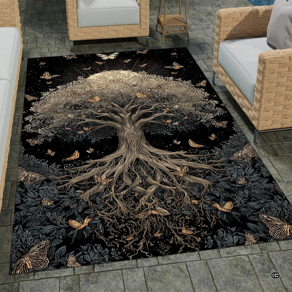 Tree of Life celestial butterfly gold black area rug in outdoor patio setting