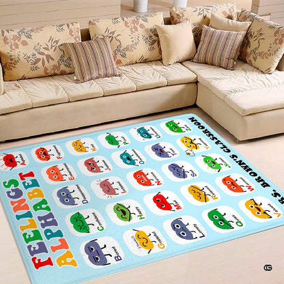 Overhead layout view of the rectangular feelings alphabet classroom area rug - thumbnail image 7 of 8