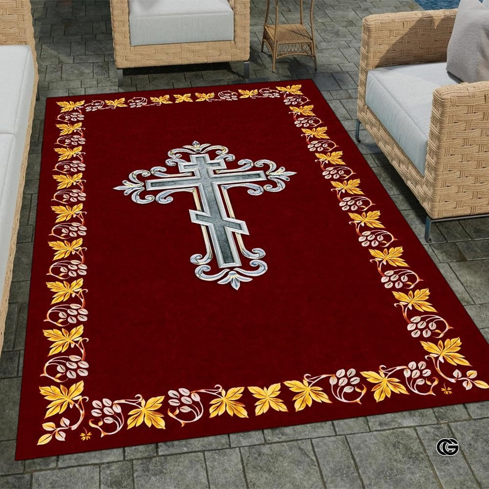 Personalized Orthodox Christian Area Rug, Custom Eastern Orthodox Russian Greek Byzantine Non-Slip Rug for Women Men, IC XC Nika Cross Mat for Living Room, Bedroom, Church Decor (D8)