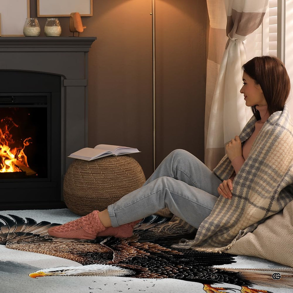 Anti-slip dot backing and hemmed edge stitching on mountain eagle rug