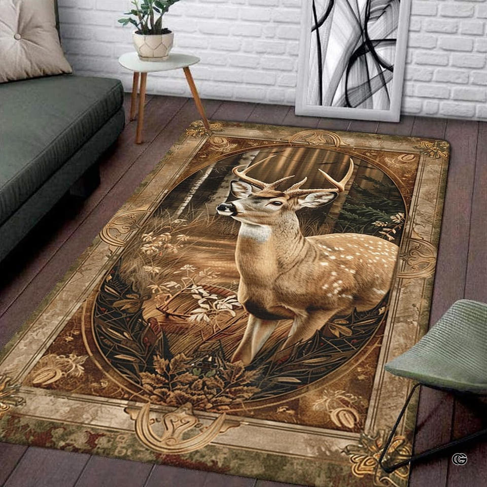 Living room corner with gray sofa and side table displaying the rectangular resting buck deer area rug on wood floors.