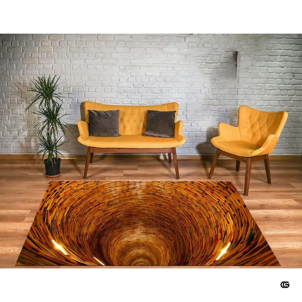 Living room setting featuring a rectangular 3D infinite book tunnel optical illusion area rug on wood floor.