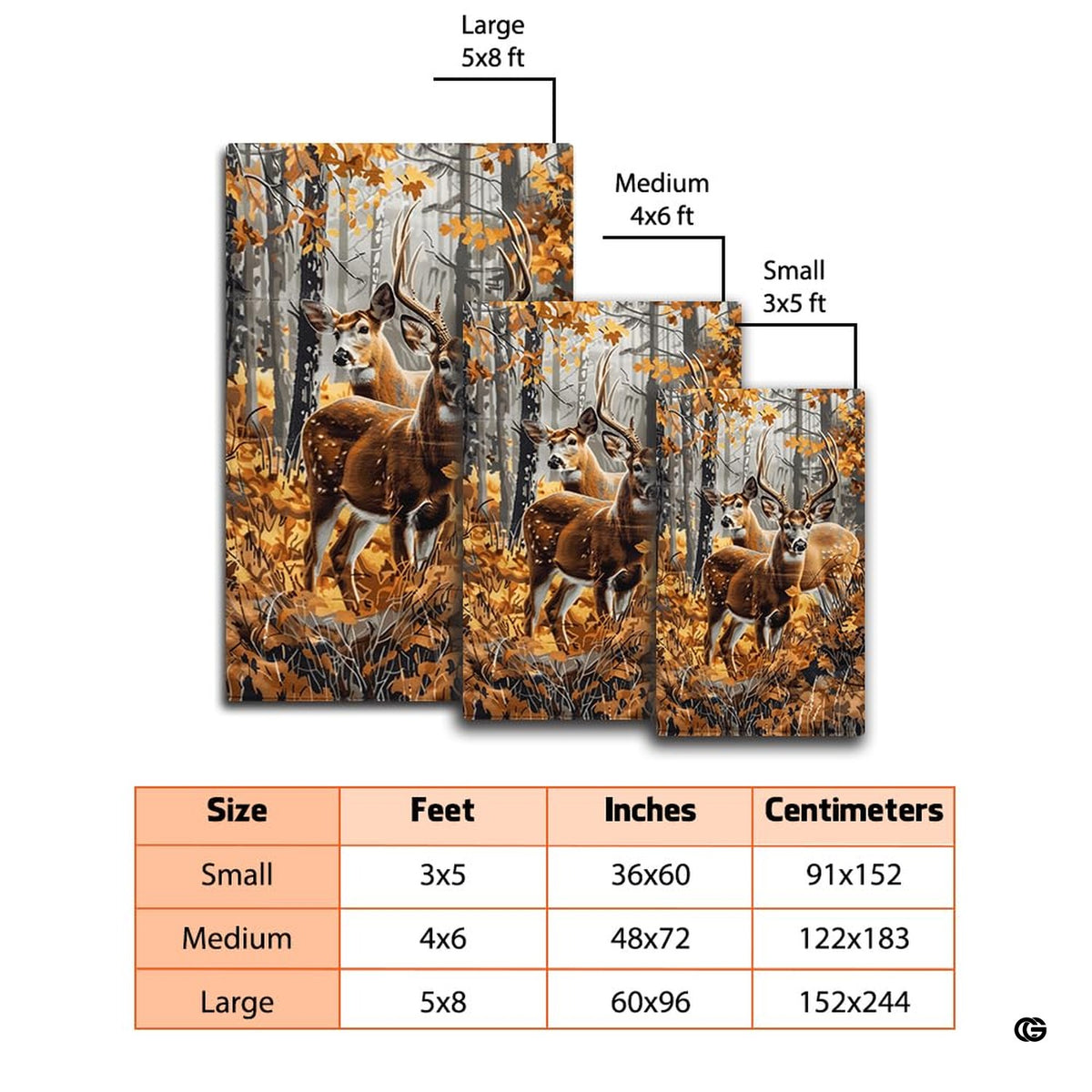 Dimension chart displaying size options for whitetail deer area rug.
