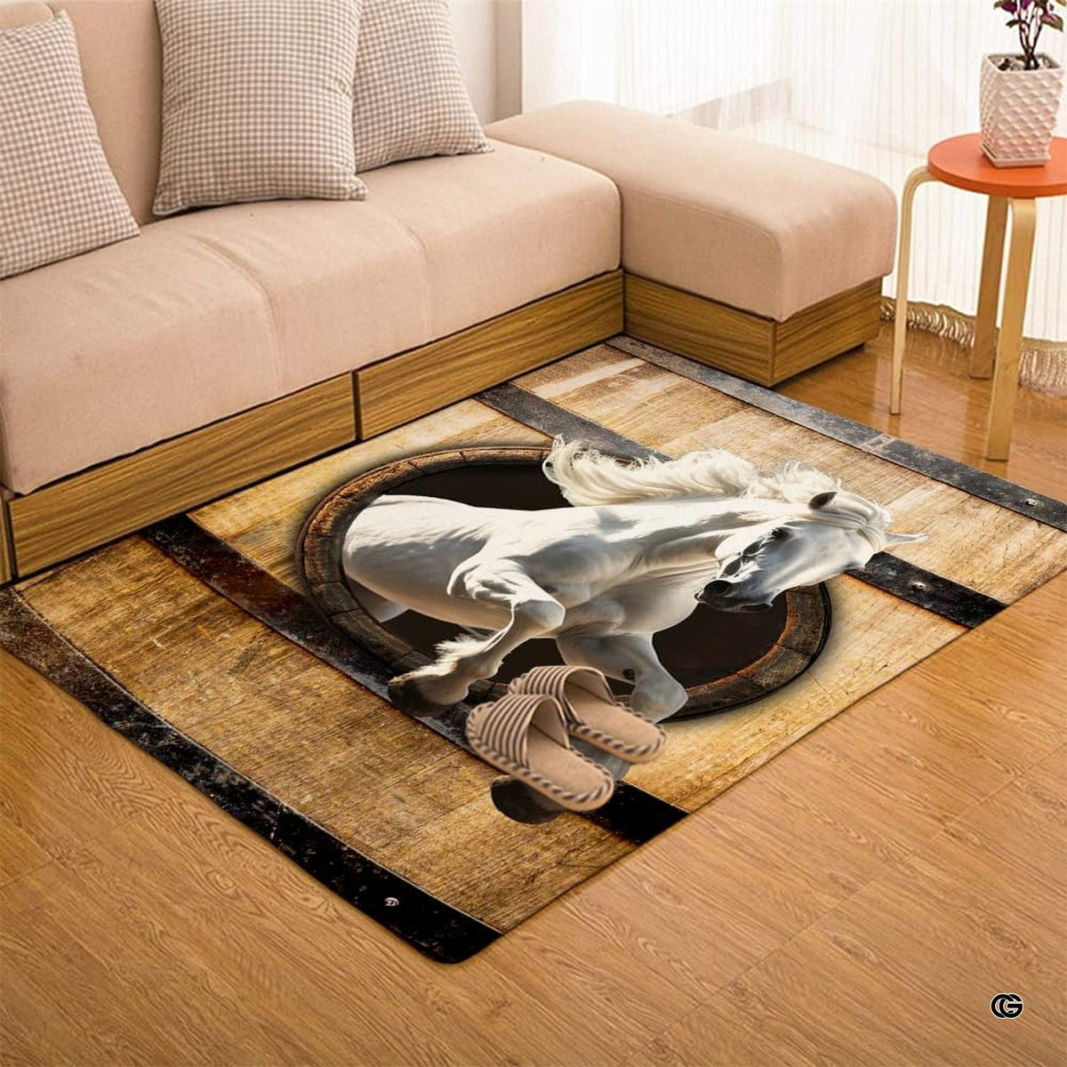 Horse barn door area rug displayed beside living room couch and side table. - image 7 of 7