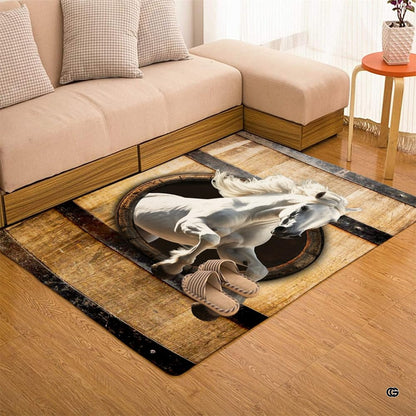 Horse barn door area rug displayed beside living room couch and side table. - thumbnail image 7 of 7
