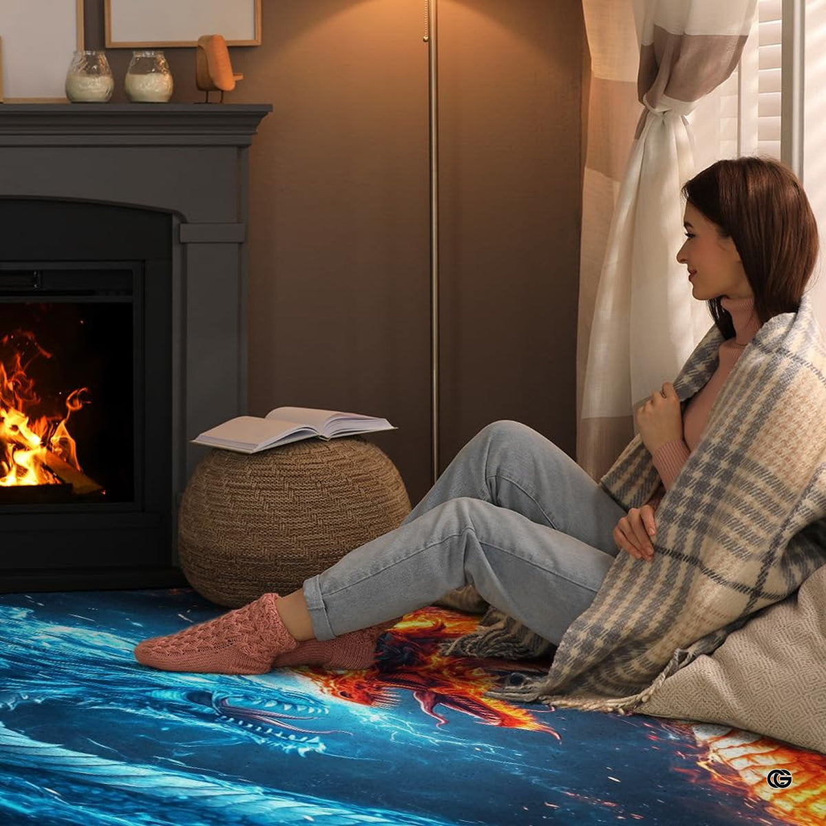 Full overhead layout of the dual fire and ice dragon clash area rug illustration. - image 8 of 8