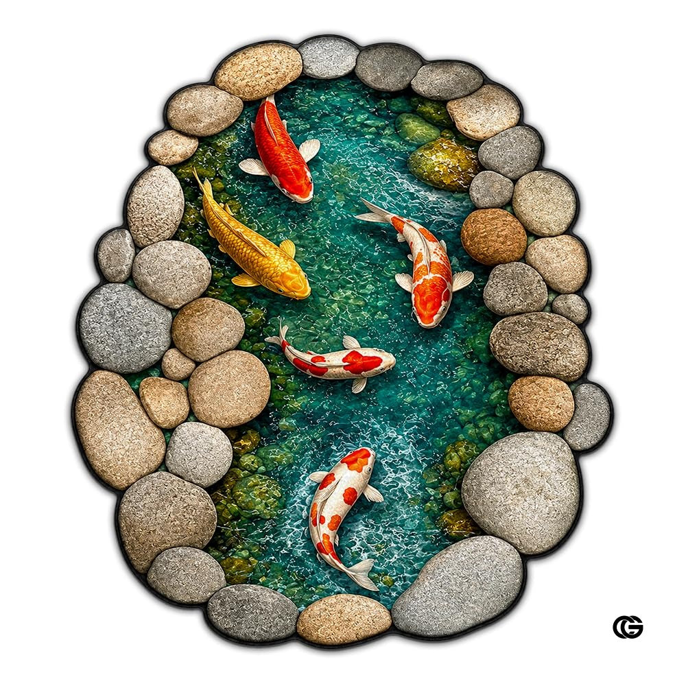 Custom Japanese Koi Fish Shaped Area Rug, Personalized 3D Optical Illusion Koi Pond Lotus Non Slip Washable Shaped Floor Mat, Fish Pond Rugs for Bedroom Living Room Decor (1, D4)