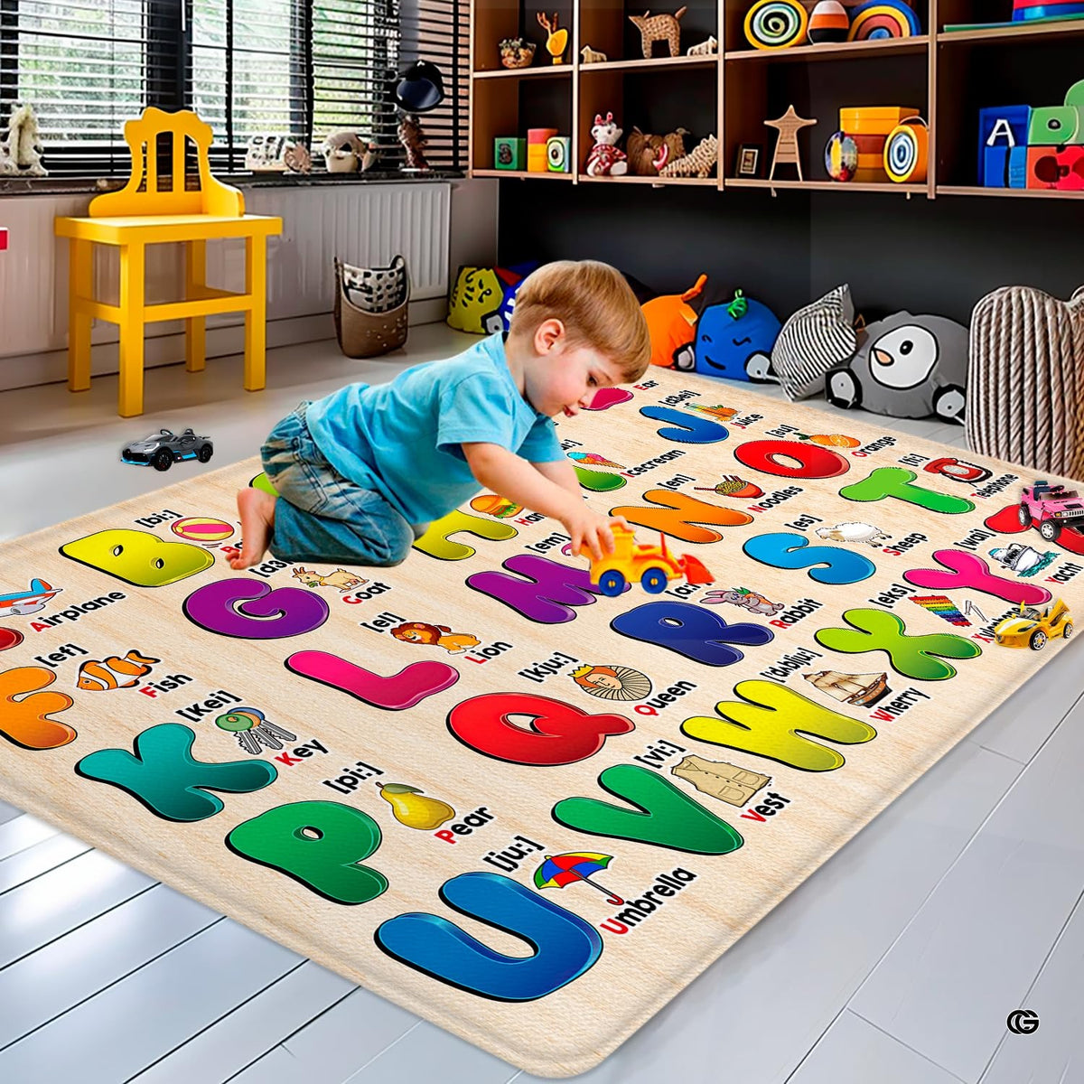 Close-up view of vibrant 3D letters and charming illustrated companion graphics on this alphabet theme floor rug. - image 3 of 8