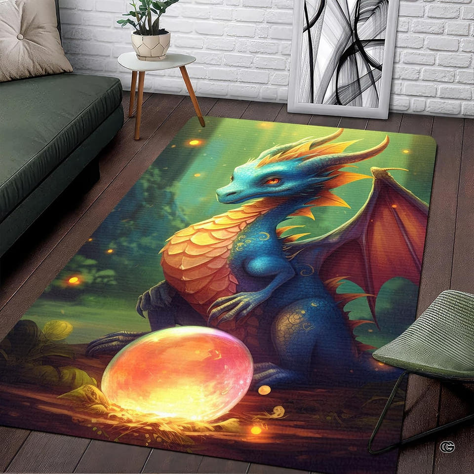 Turquoise winged dragon guarding a glowing orb on a mythical creature rug in a cavern setting.