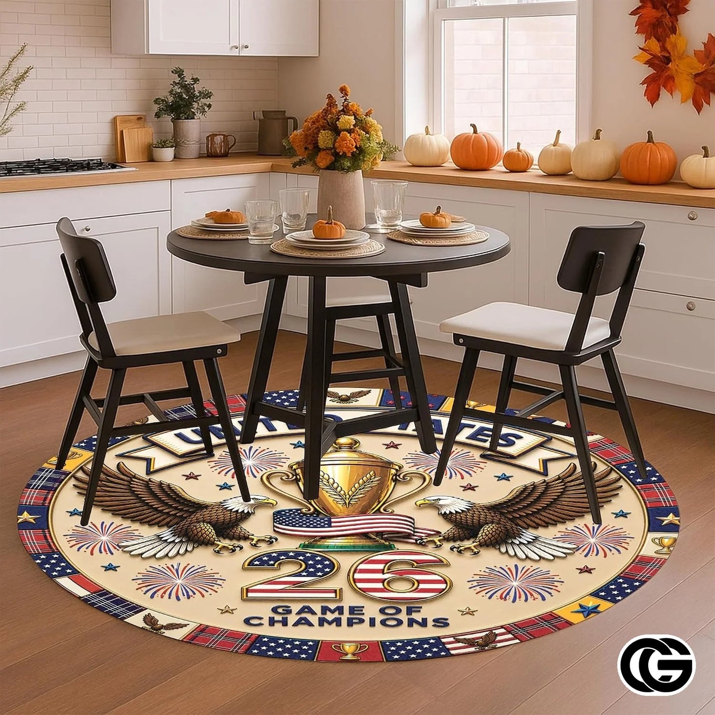 Custom Soccer Round Rug with Trophy and Flag Details